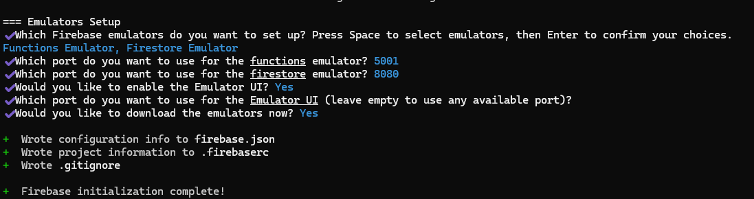 Emulator setup completion and files written to the project